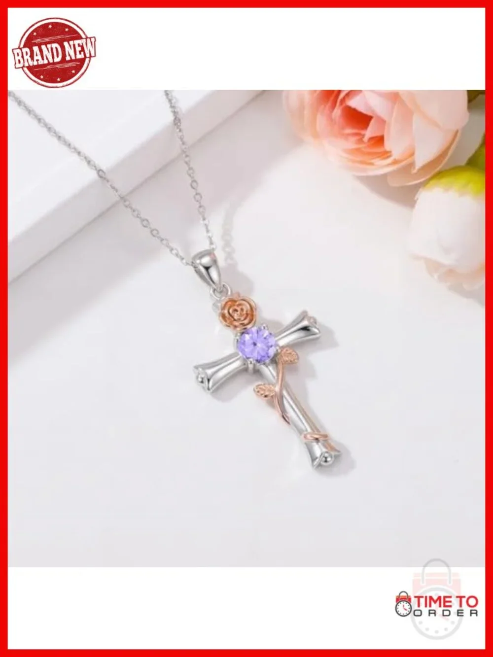 Rose Gold Cross Pendant Necklace with Cubic Zirconia Birthstone